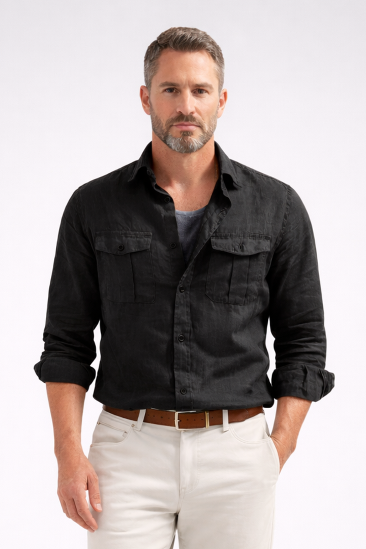 Black linen shirt with double chest pockets