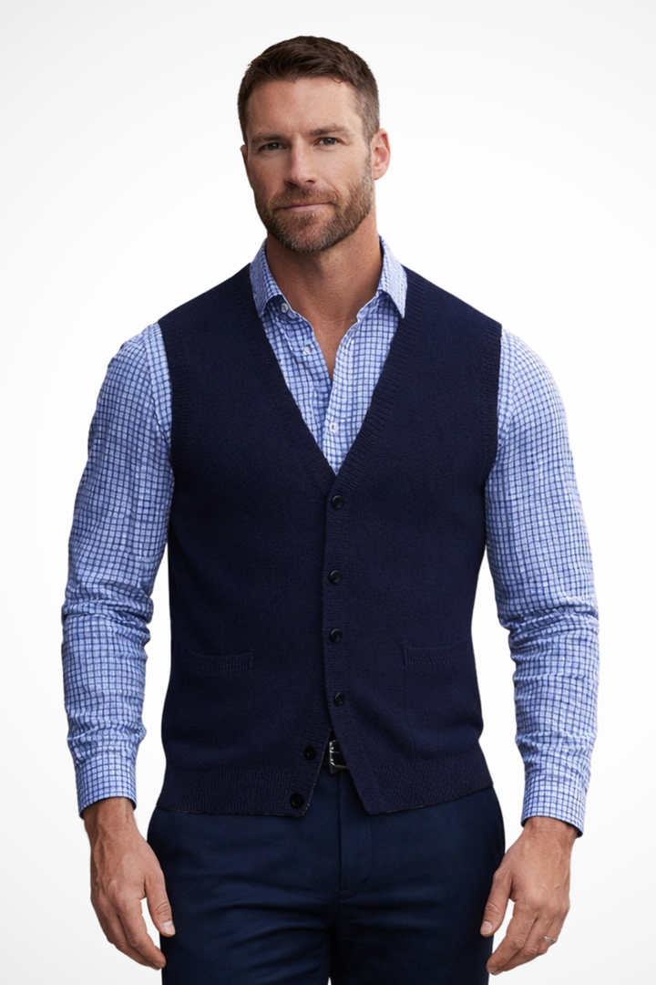 Logan - Men V Neck Button Front Sleeveless Knit Waistcoat Vest with Pockets