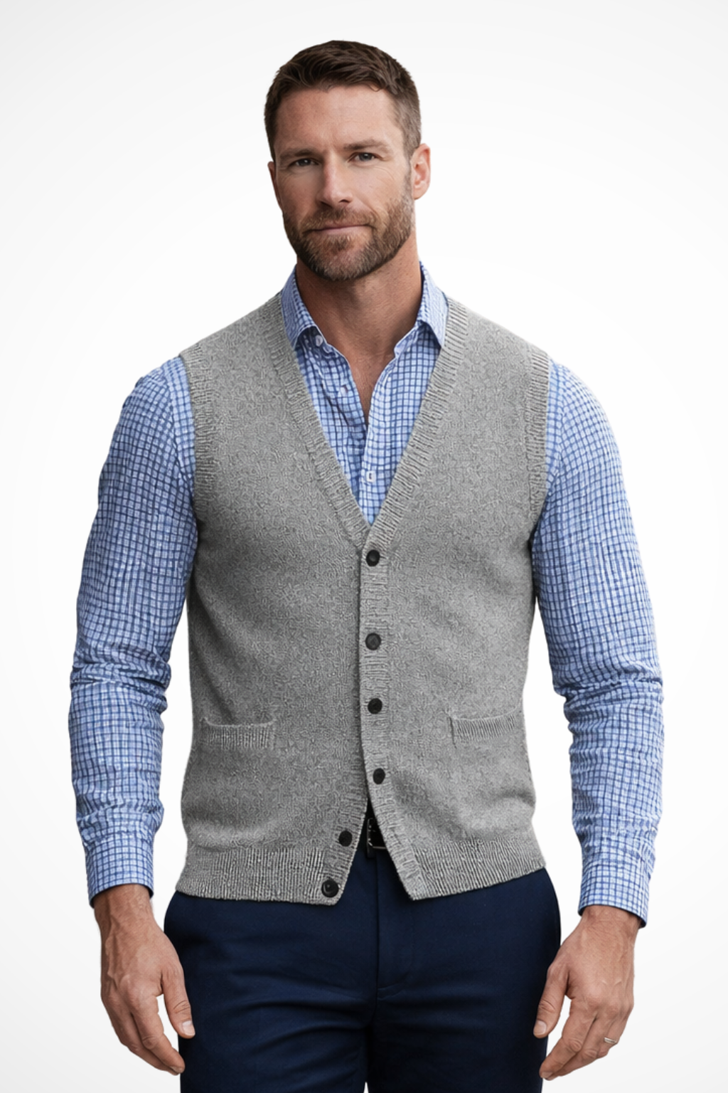 Logan - Men V Neck Button Front Sleeveless Knit Waistcoat Vest with Pockets