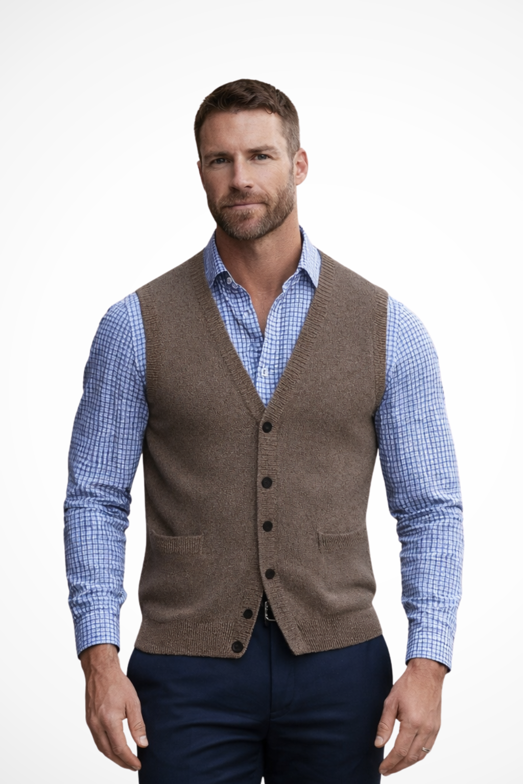 Logan - Men V Neck Button Front Sleeveless Knit Waistcoat Vest with Pockets