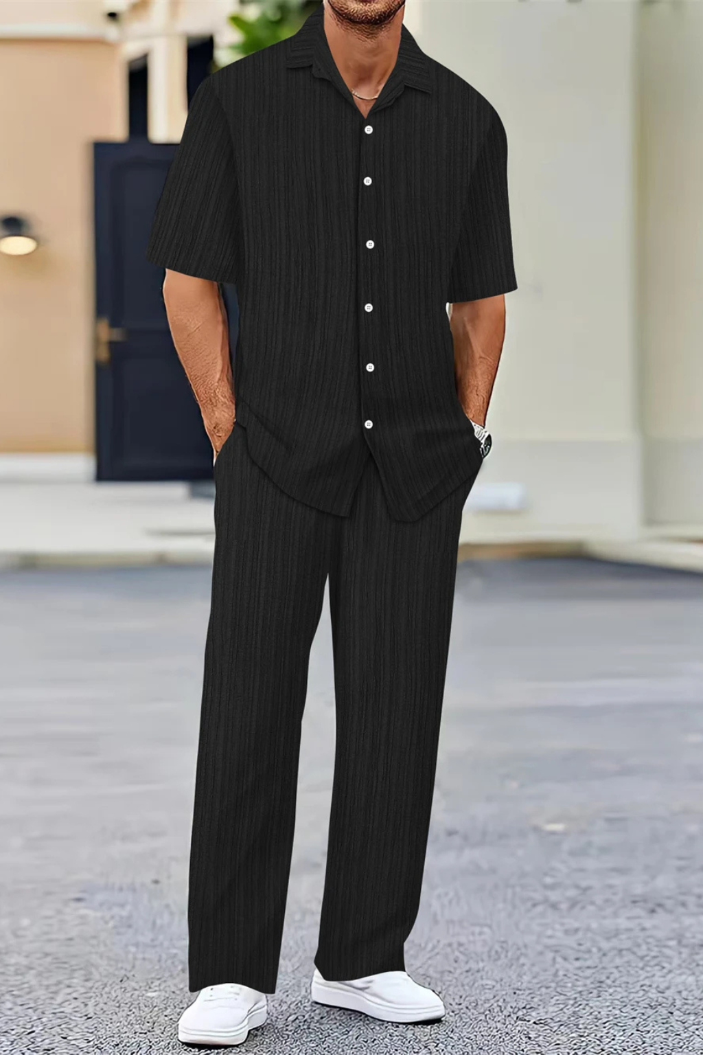 George | Men Textured Short Sleeve Shirt and Straight Leg Trousers Summer Set
