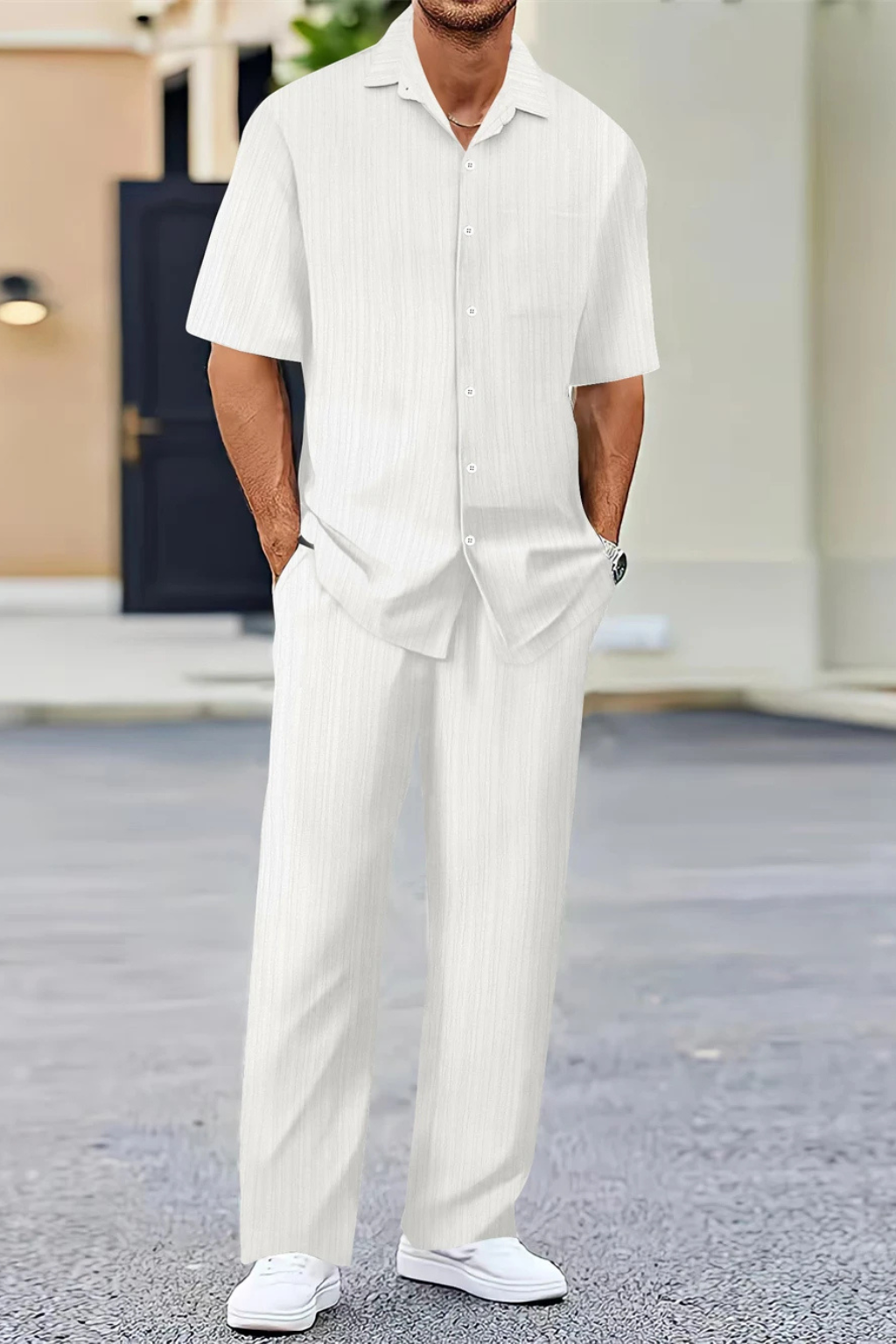 George | Men Textured Short Sleeve Shirt and Straight Leg Trousers Summer Set