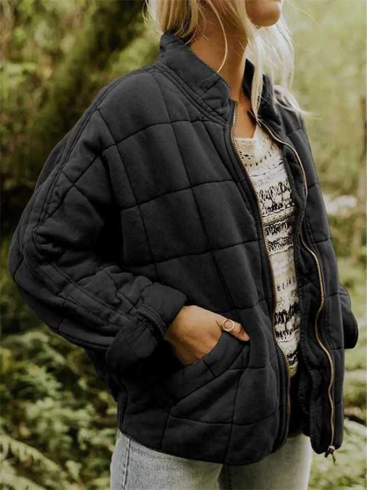 Women's Quilted Coat with a High Neck and Pockets – Black