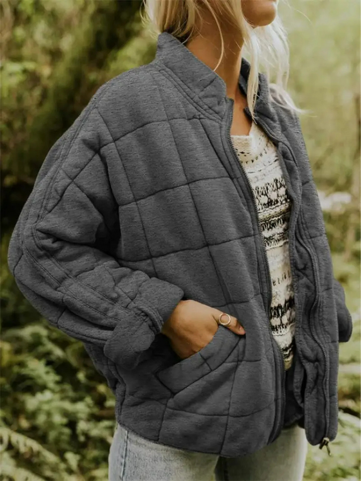 Women's Quilted Coat with a High Neck and Pockets – Gris Foncé