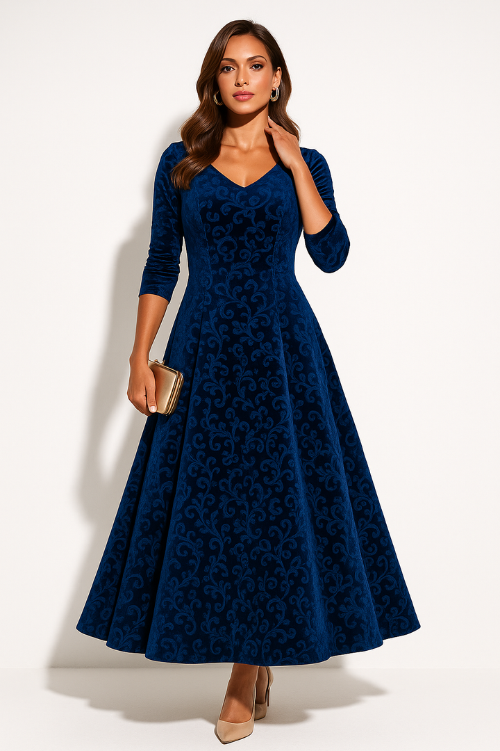 Women’s Velvet Floral Embossed A-Line Midi Dress