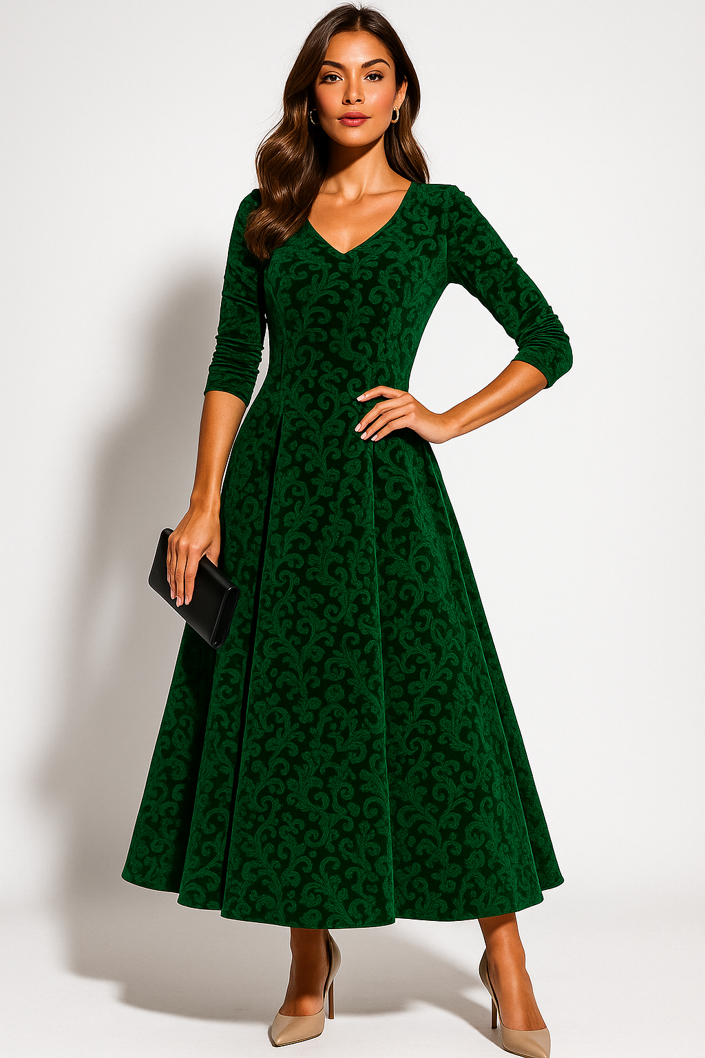 Women’s Velvet Floral Embossed A-Line Midi Dress