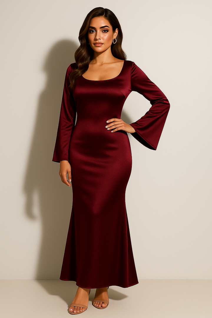Women’s Long Sleeve Evening Gown with a Scoop Neckline
