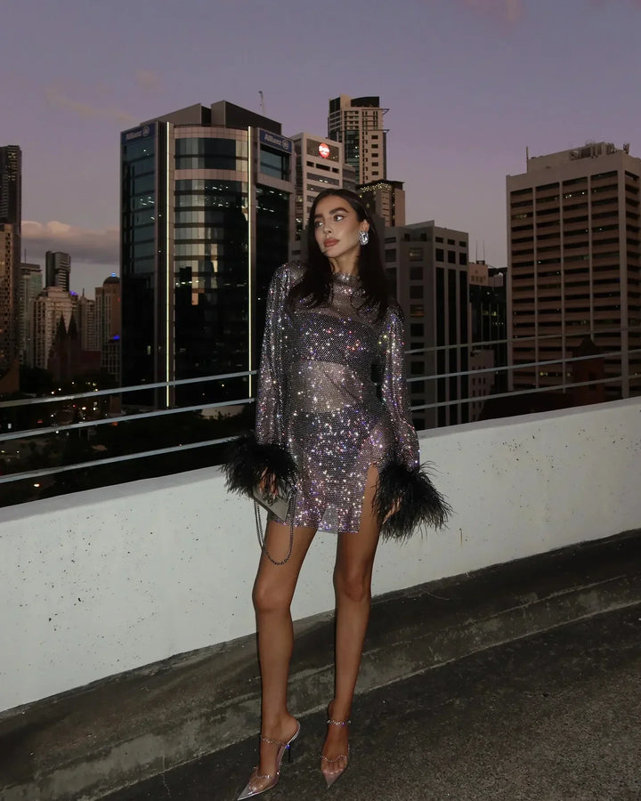 Women's Metallic Sheer Feather Mini Dress