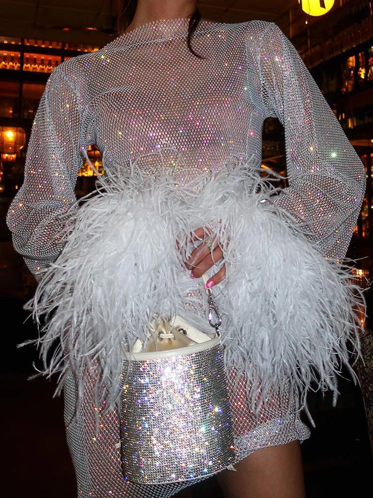 Women's Metallic Sheer Feather Mini Dress