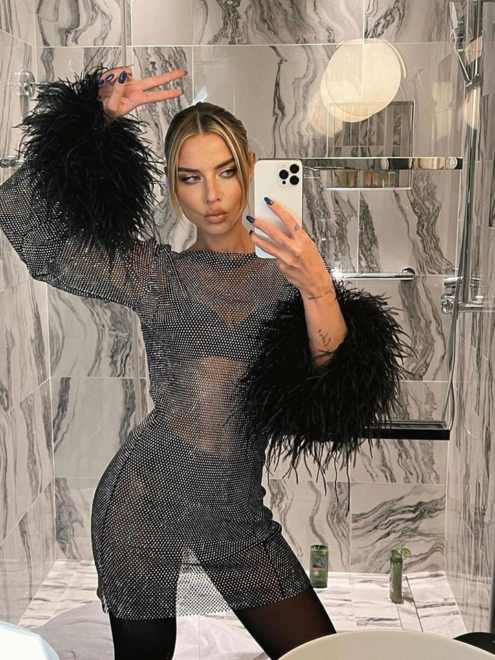 Women's Metallic Sheer Feather Mini Dress