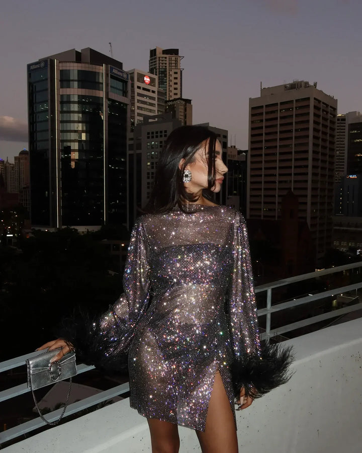 Women's Metallic Sheer Feather Mini Dress