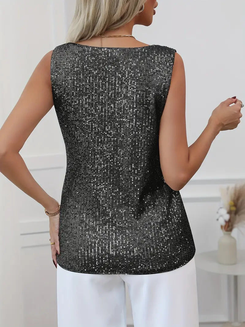 V-neck Glitter Top with a Sleeveless Cut
