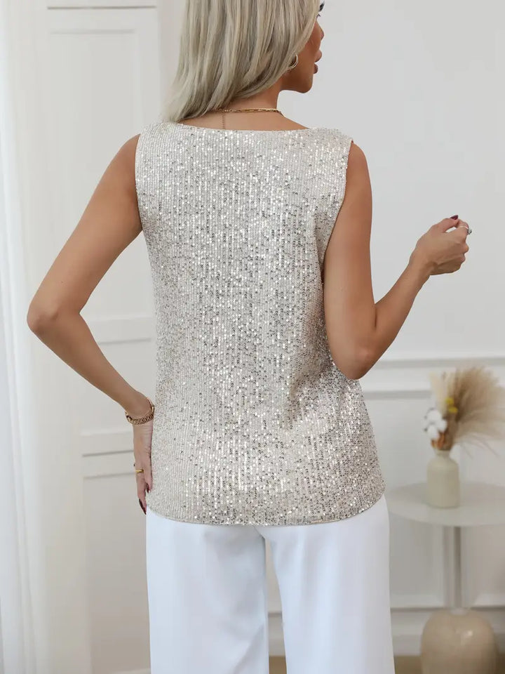V-neck Glitter Top with a Sleeveless Cut