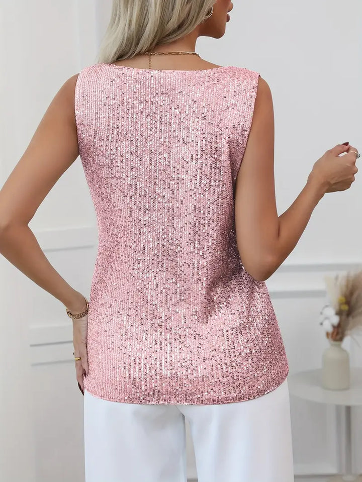V-neck Glitter Top with a Sleeveless Cut