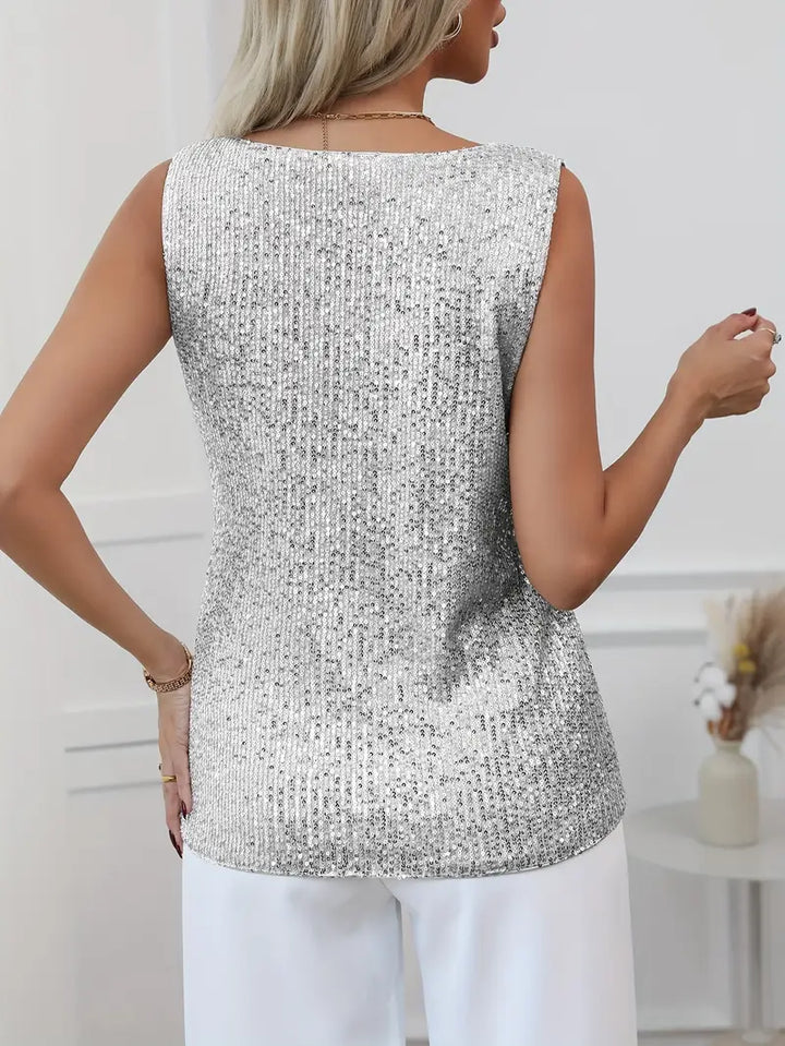 V-neck Glitter Top with a Sleeveless Cut