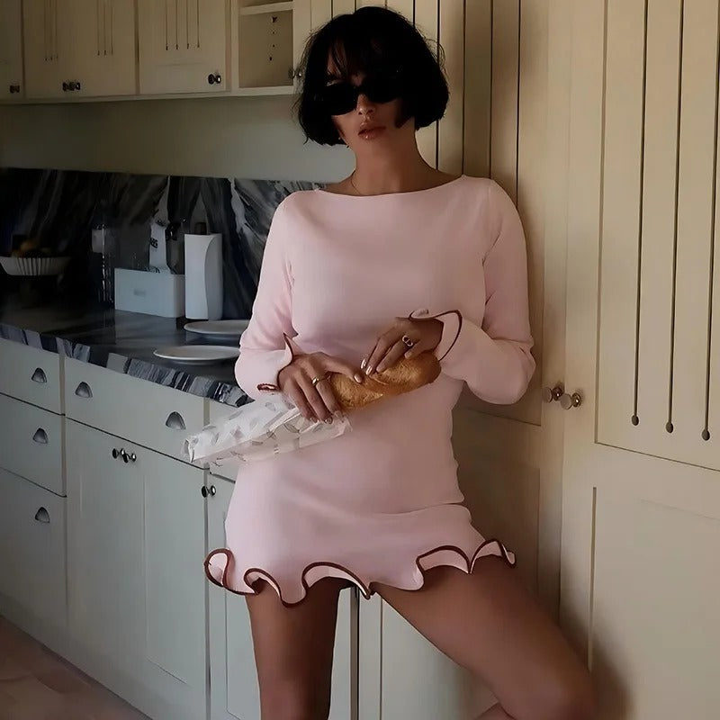 Elegant Ruffle Mini Dress with Long Sleeves