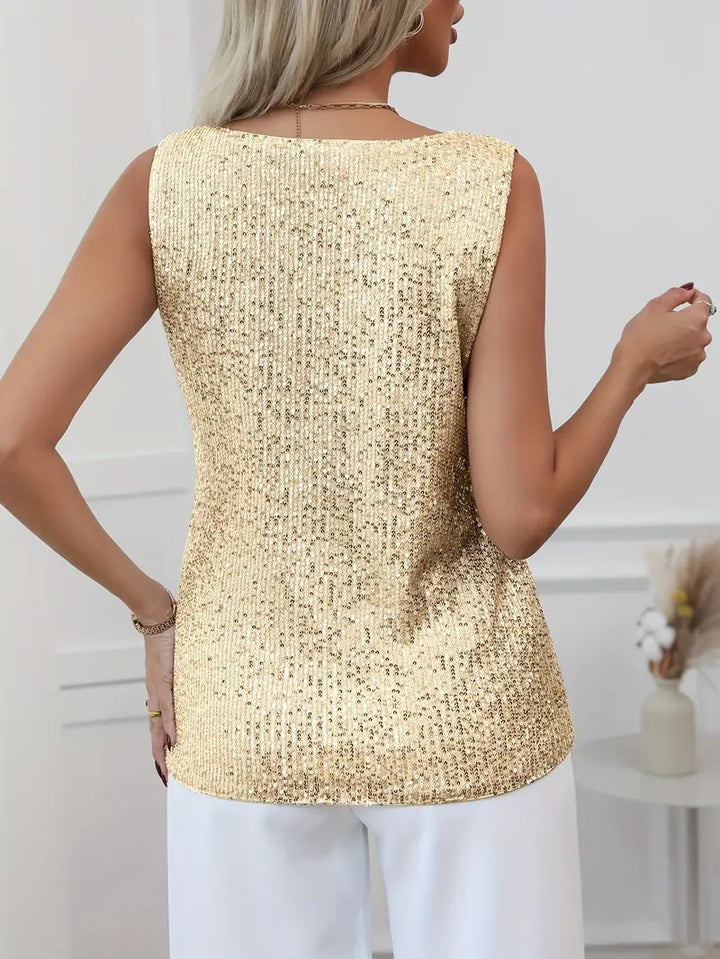 V-neck Glitter Top with a Sleeveless Cut