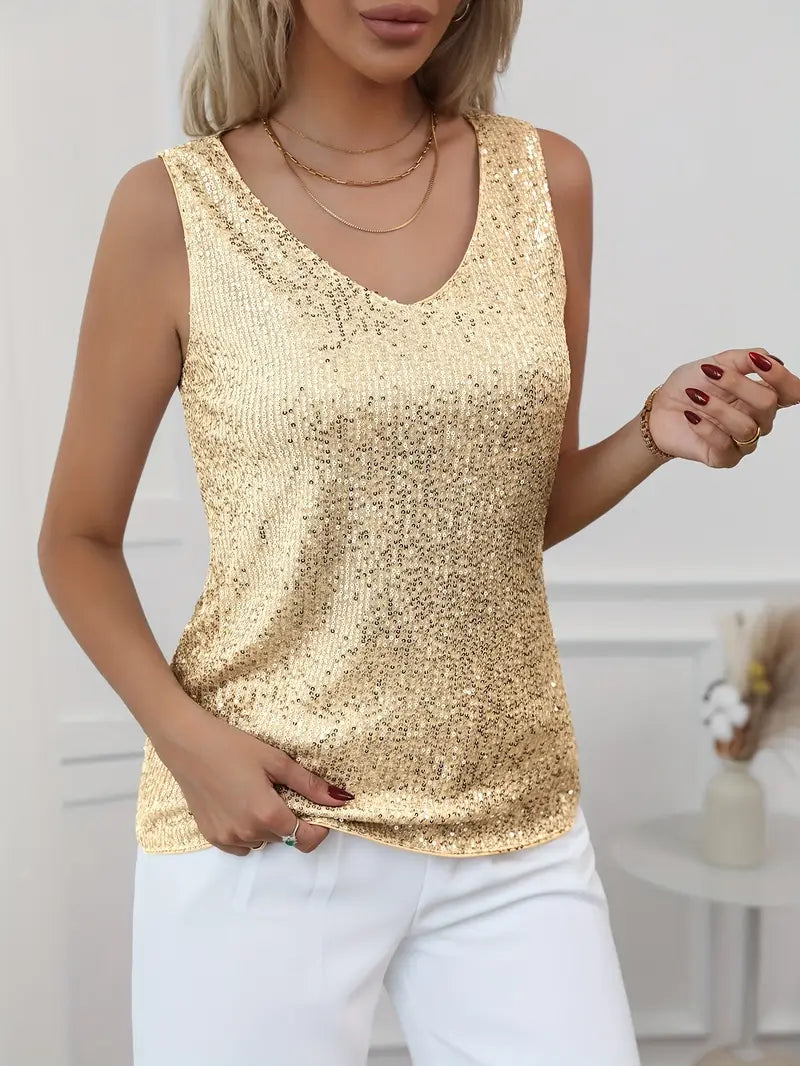 V-neck Glitter Top with a Sleeveless Cut