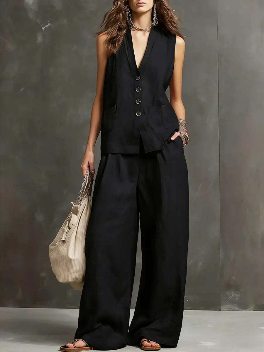 Women's Two-Piece Cotton and Linen Set with Sleeveless Vest and Wide-Leg Trousers