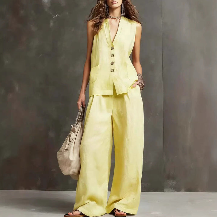 Women's Two-Piece Cotton and Linen Set with Sleeveless Vest and Wide-Leg Trousers