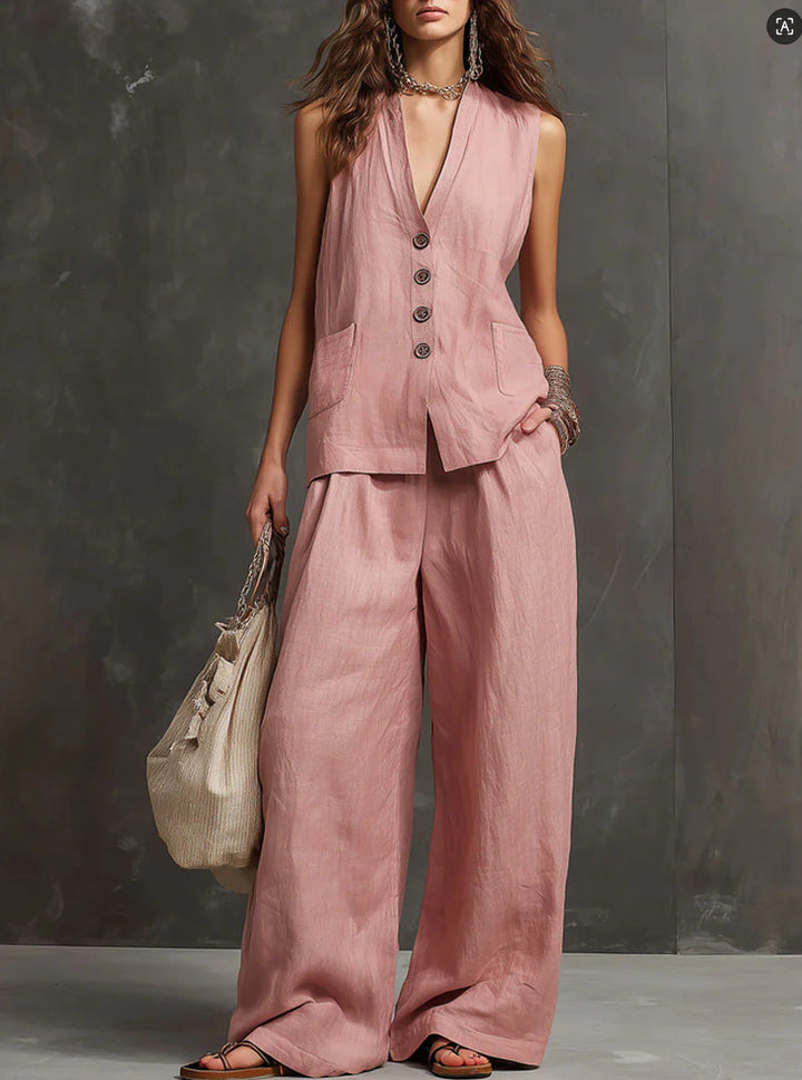 Women's Two-Piece Cotton and Linen Set with Sleeveless Vest and Wide-Leg Trousers