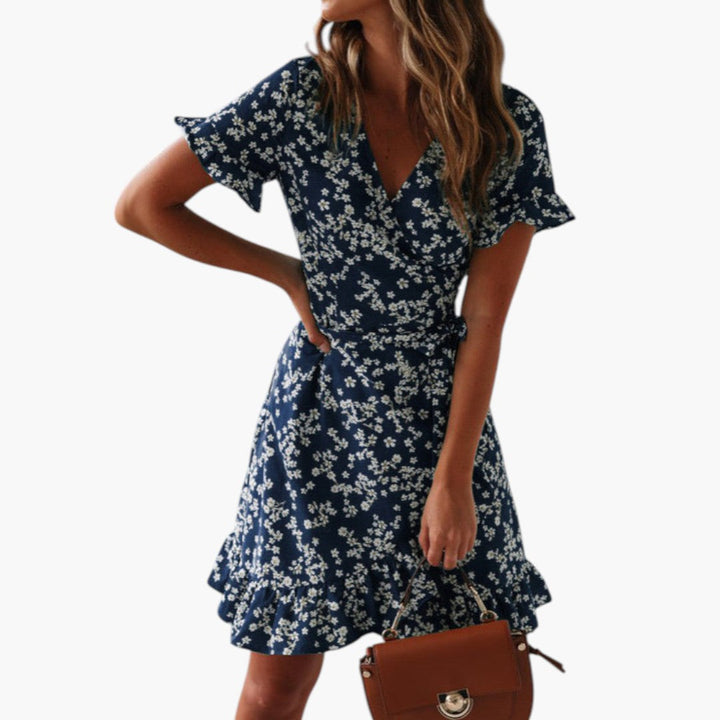 Women's Beach Cover-Up Dress with Wrap Waist and Ruffle Hem