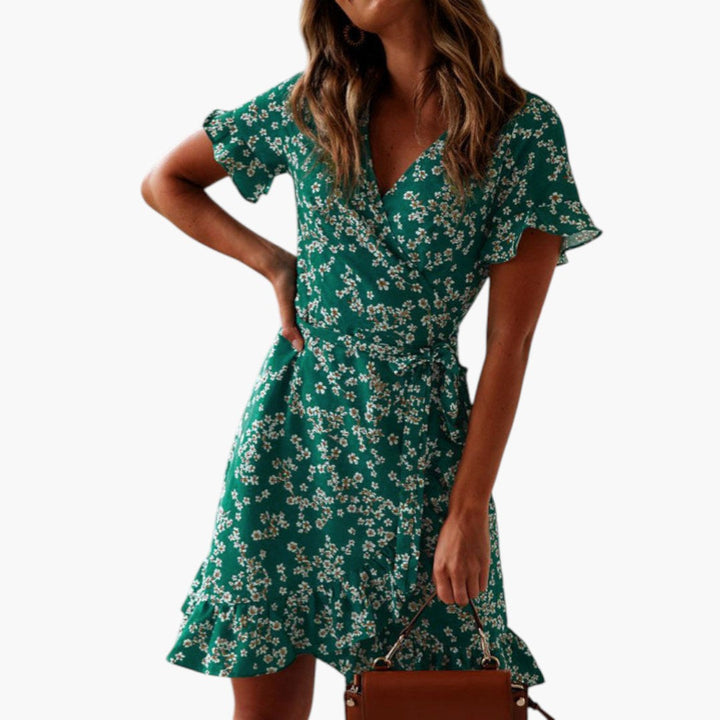 Women's Beach Cover-Up Dress with Wrap Waist and Ruffle Hem
