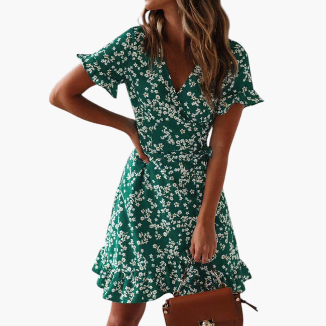 Women's Beach Cover-Up Dress with Wrap Waist and Ruffle Hem