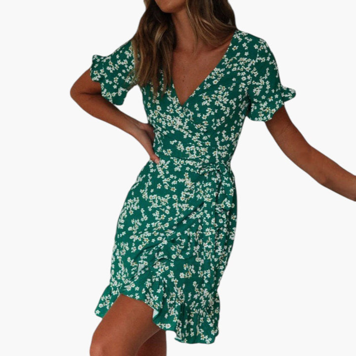 Women's Beach Cover-Up Dress with Wrap Waist and Ruffle Hem