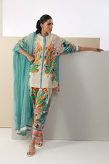  Floranelle Kurta Set with Dupatta in ivory aqua cotton blend by Stenfia.