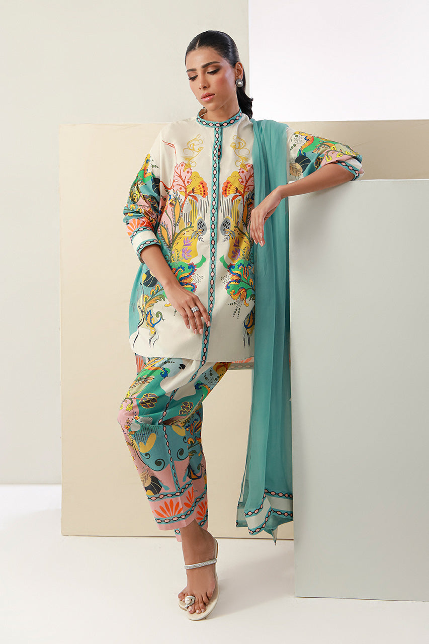Elegant ivory and aqua floral kurta set with dupatta for festive and casual wear.