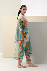  Aqua and pink floral printed kurta set with dupatta for women.