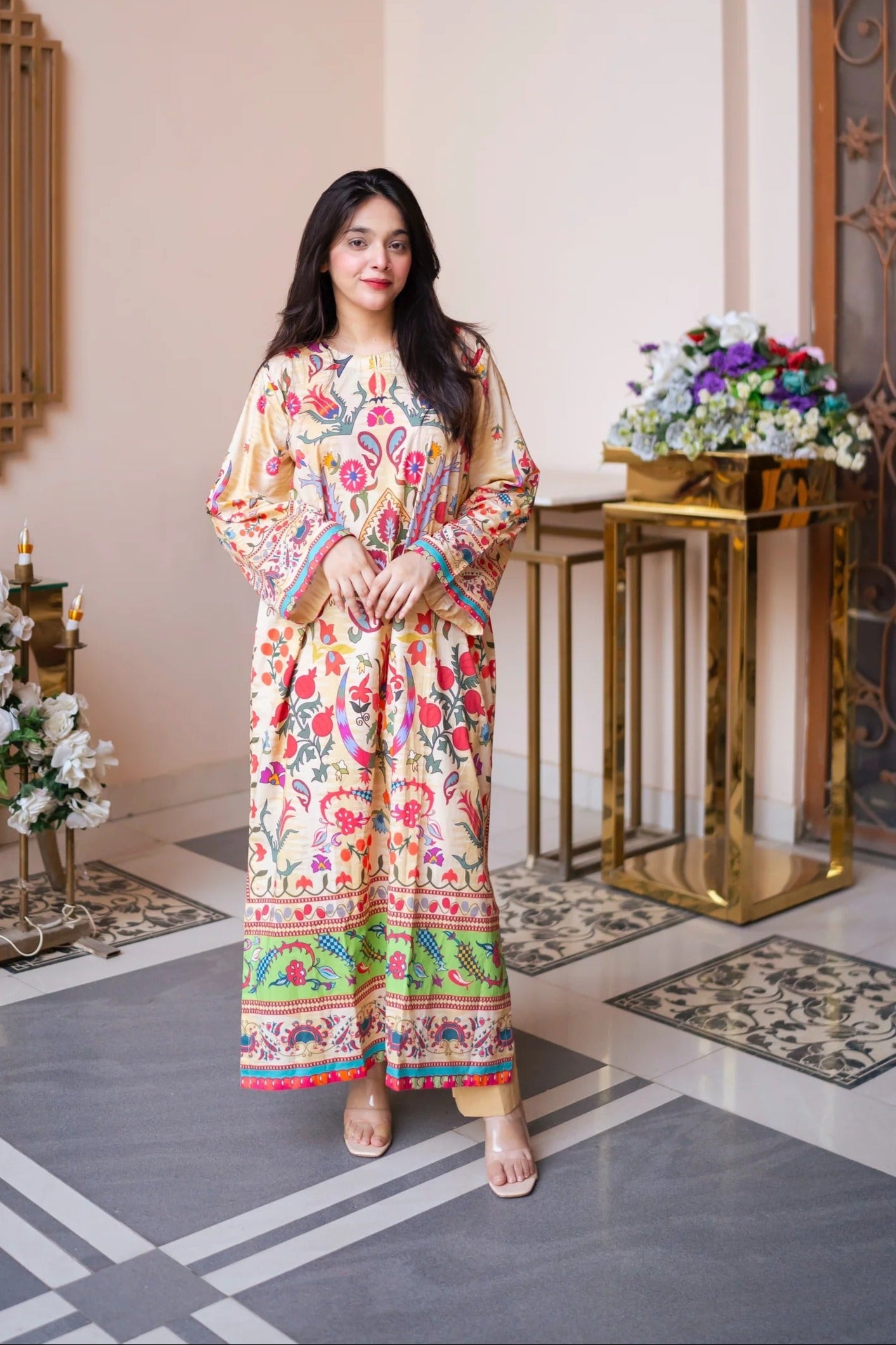 Front view of Lunora Kurta Set with festive border detailing.