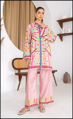  Rosivya Co-ord Set in blush pink cotton rayon with floral prints.
