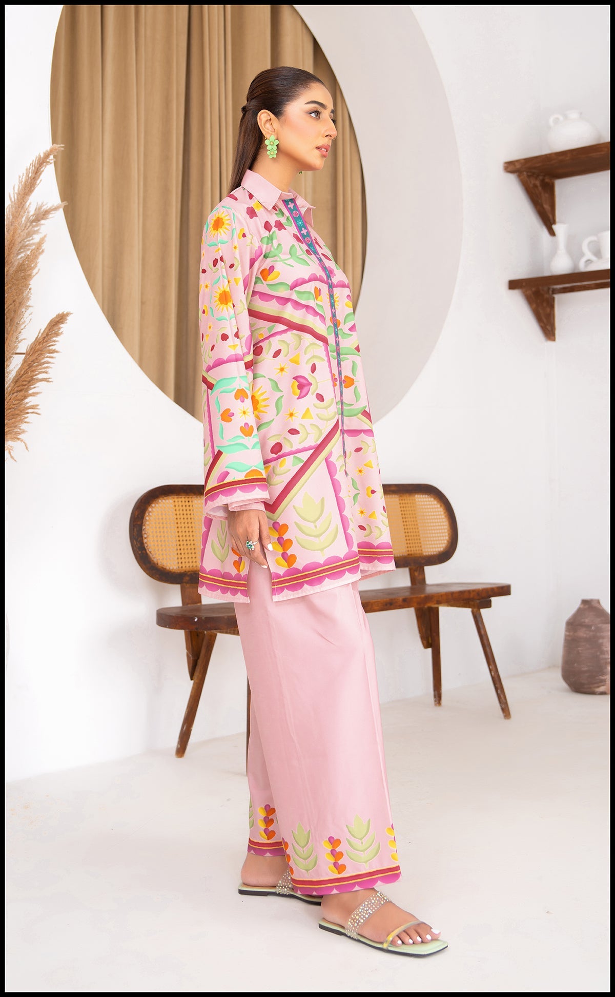 Cotton rayon Rosivya Co-ord Set with multicolor floral accents.