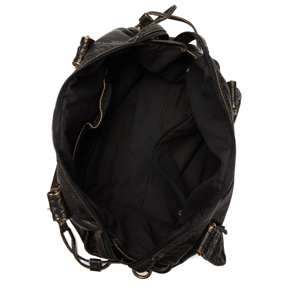 Women's Black Leather Handbag with Zippered Pockets