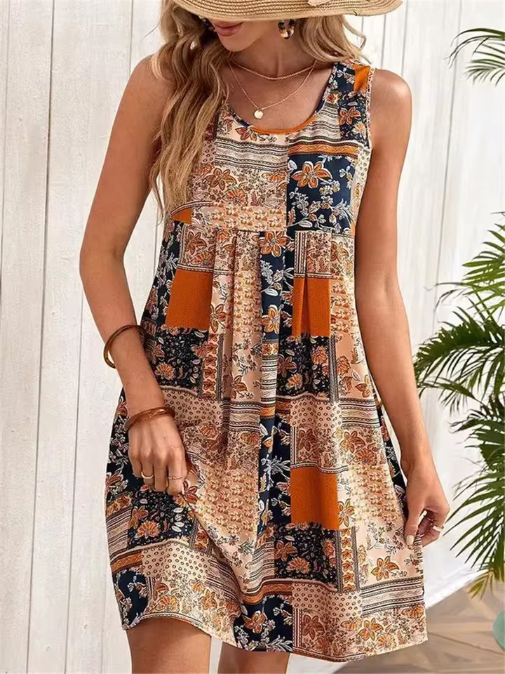 Jacinta - Women's Retro Floral Patchwork Sleeveless Mini Dress