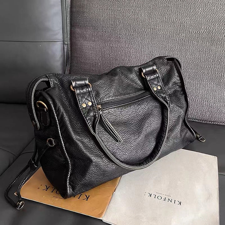 Women's Black Leather Handbag with Zippered Pockets