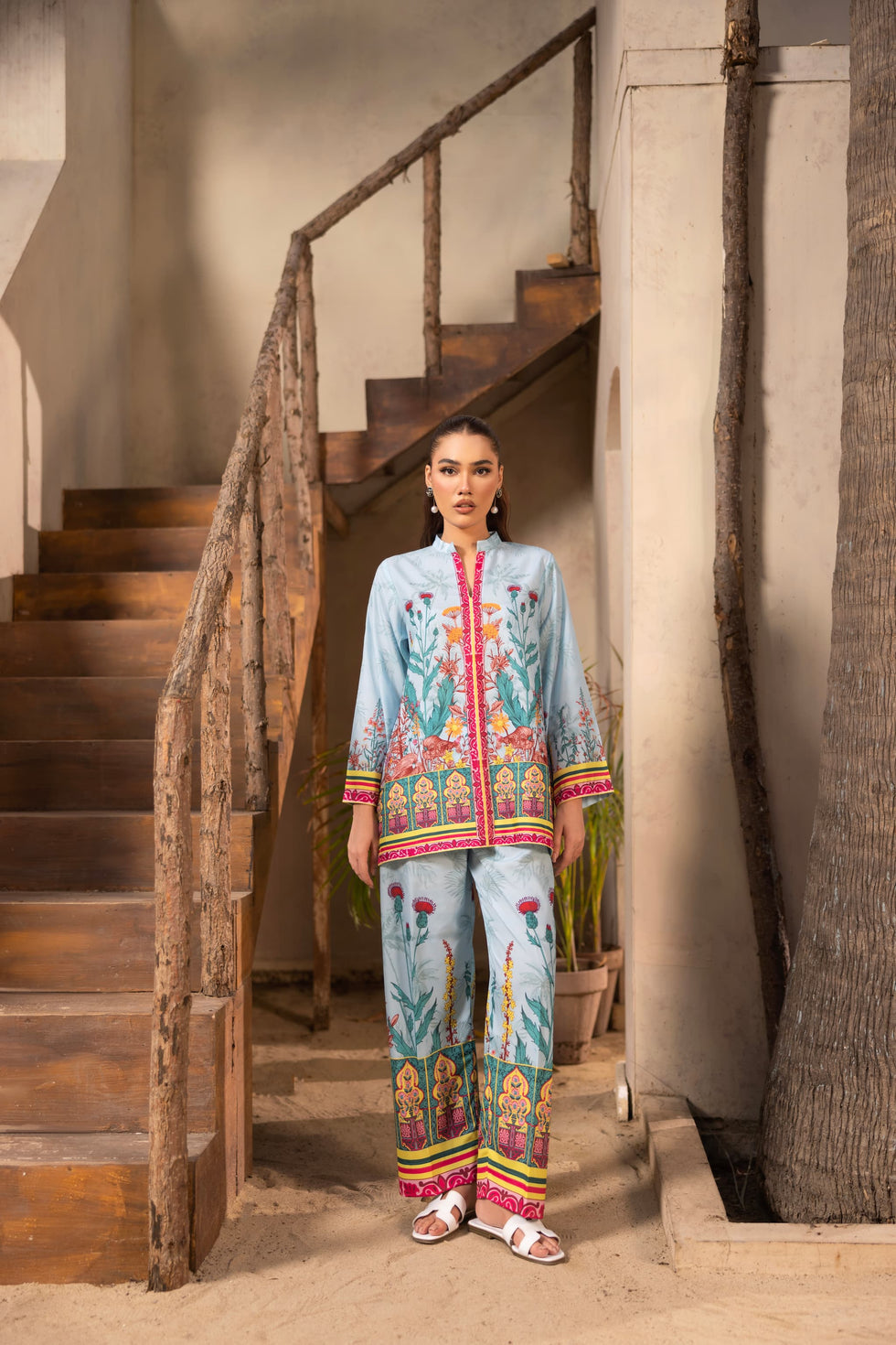 Sky Bloom Co-ord Set in Swiss cotton with sky blue base and multicolor floral print.
