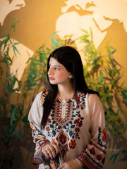 Stenfia Camora Beige Cotton Kurta Set – close-up of maroon ethnic prints.