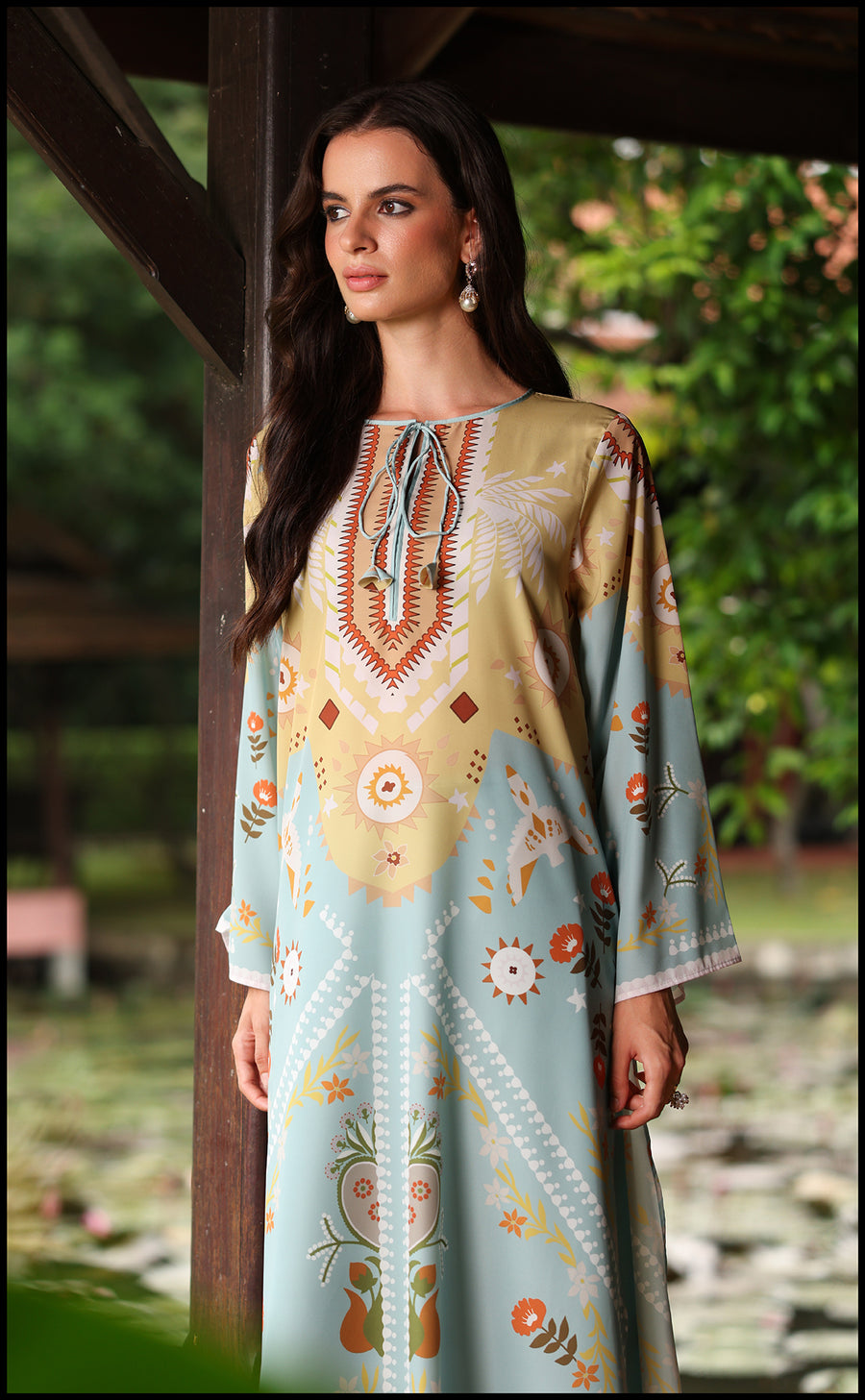 Close-up of pastel blue Azura Kurta Set showcasing fine print and fabric texture.