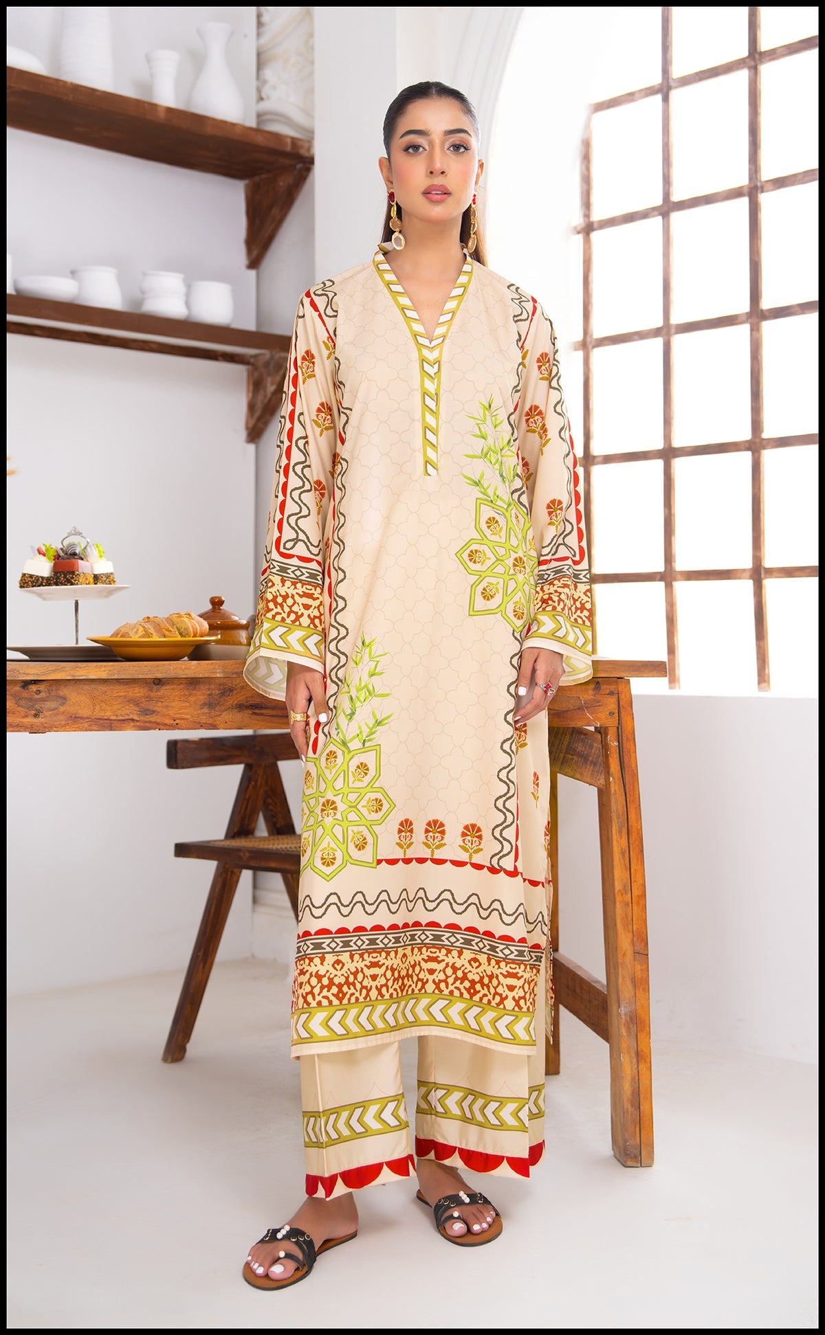 Bejori Kurta Set for women – beige cotton blend with maroon prints.