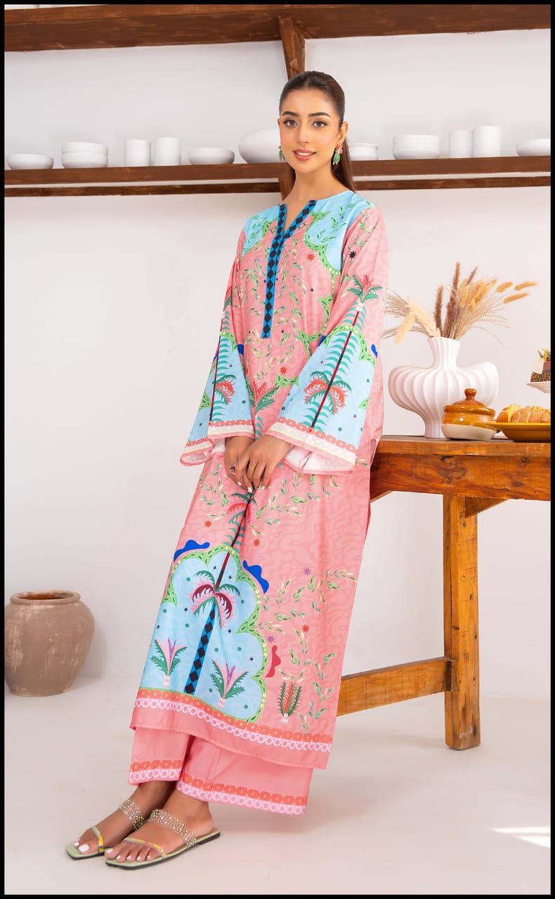 Soft Pink Printed Kurta Set with Aqua Detailing – Model Side Pose.