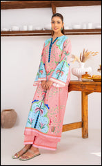 Soft Pink Printed Kurta Set with Aqua Detailing – Model Side Pose.