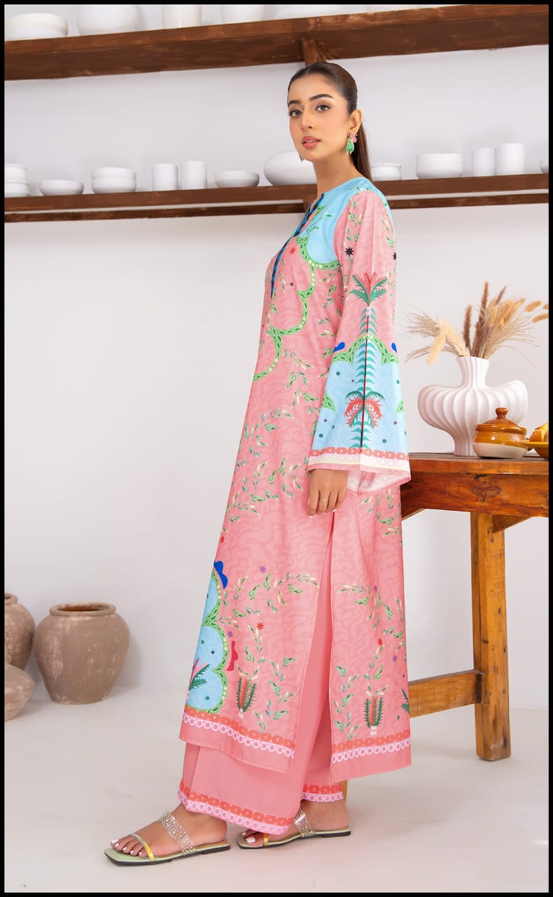 Close-up Print & Sleeve Detail – Soft Pink Kurta Set Stenfia.