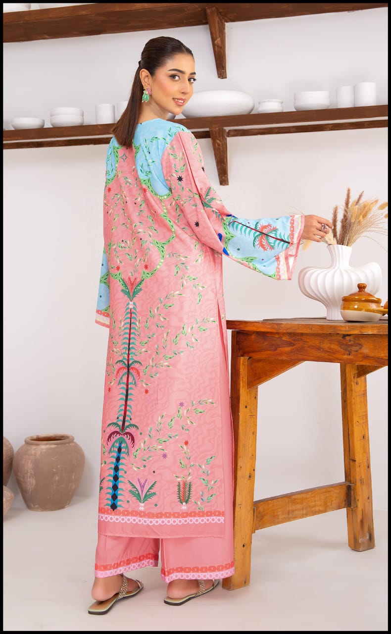 Soft Pink Printed Kurta Set with Aqua Detailing – Model Side Pose.