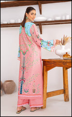 Soft Pink Printed Kurta Set with Aqua Detailing – Model Side Pose.