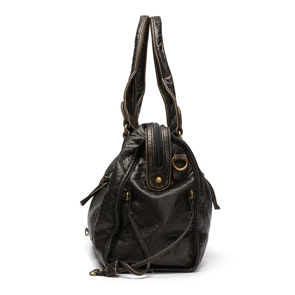 Women's Black Leather Handbag with Zippered Pockets