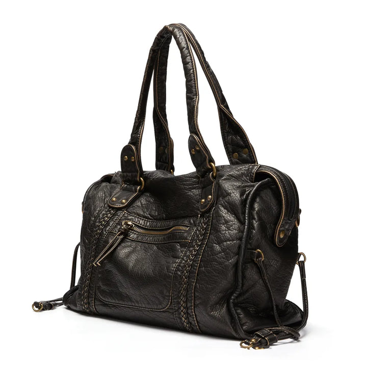 Women's Black Leather Handbag with Zippered Pockets