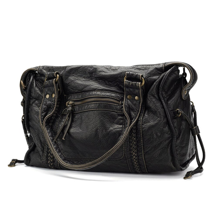 Women's Black Leather Handbag with Zippered Pockets